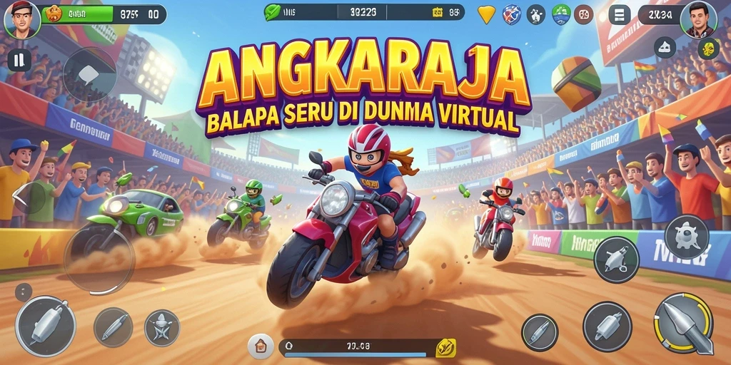 Screenshot gameplay ANGKARAJA menunjukkan balapan mendebarkan di trek yang menantang.