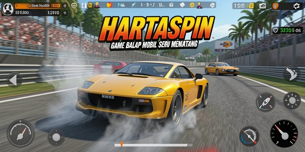 Screenshot gameplay HARTASPIN dengan aksi balap yang mendebarkan.