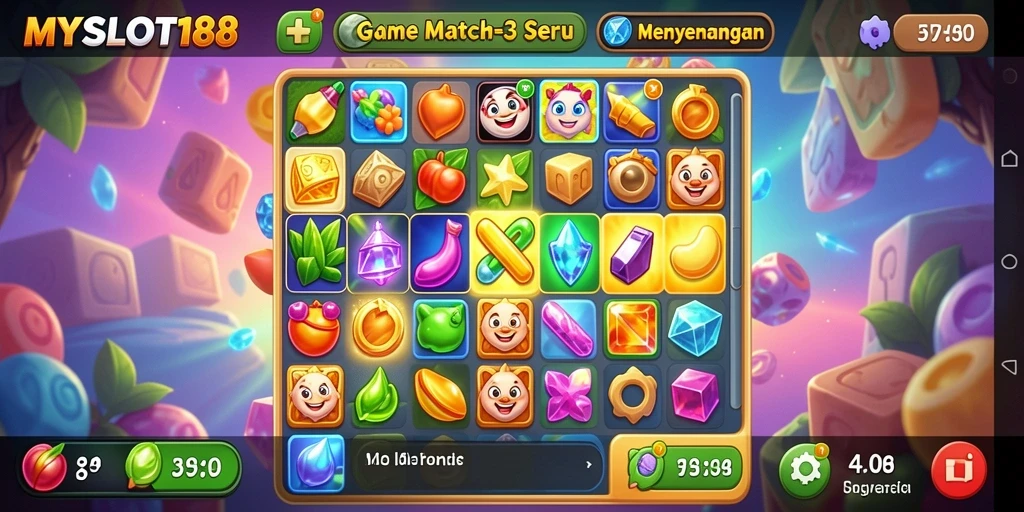 Tampilan gameplay MYSLOT188 menampilkan aksi Match-3 yang seru dan penuh warna.