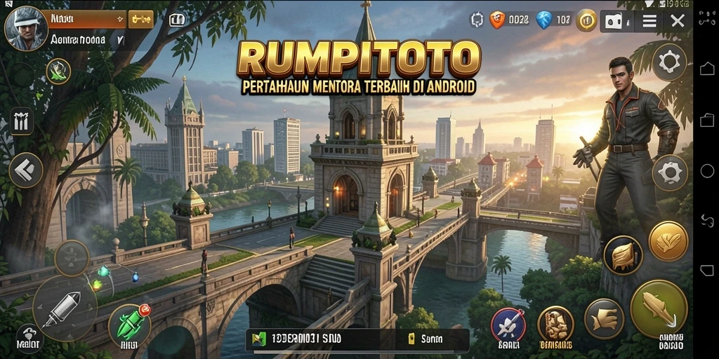Tampilan gameplay <strong>RUMPITOTO</strong> dengan aksi menara bertahan melawan gelombang musuh.